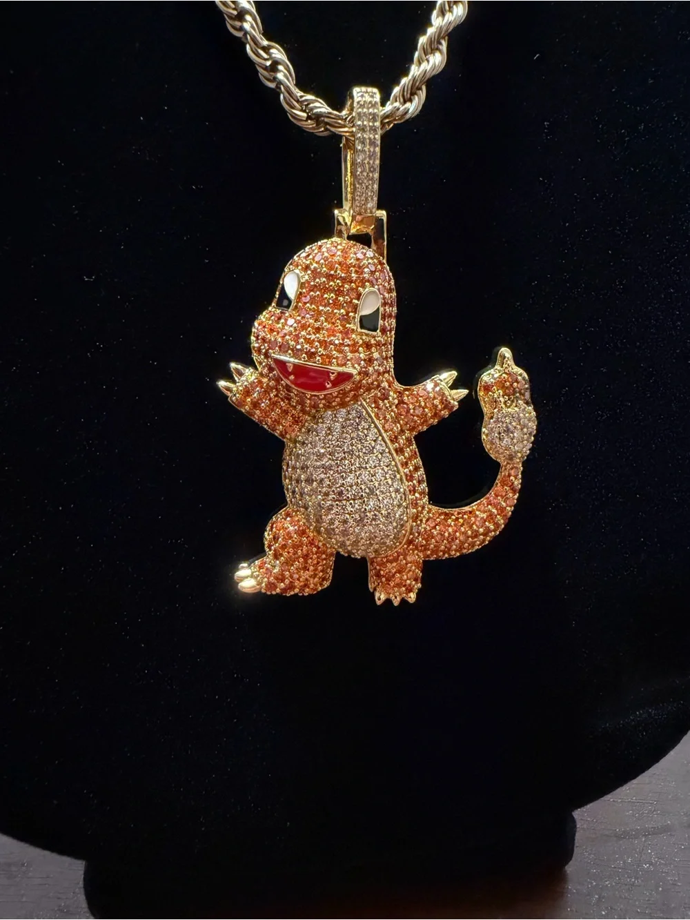 14K Gold-Plated Charizard-Inspired Pendant – 5A CZ Stones & 24” Rope Chain